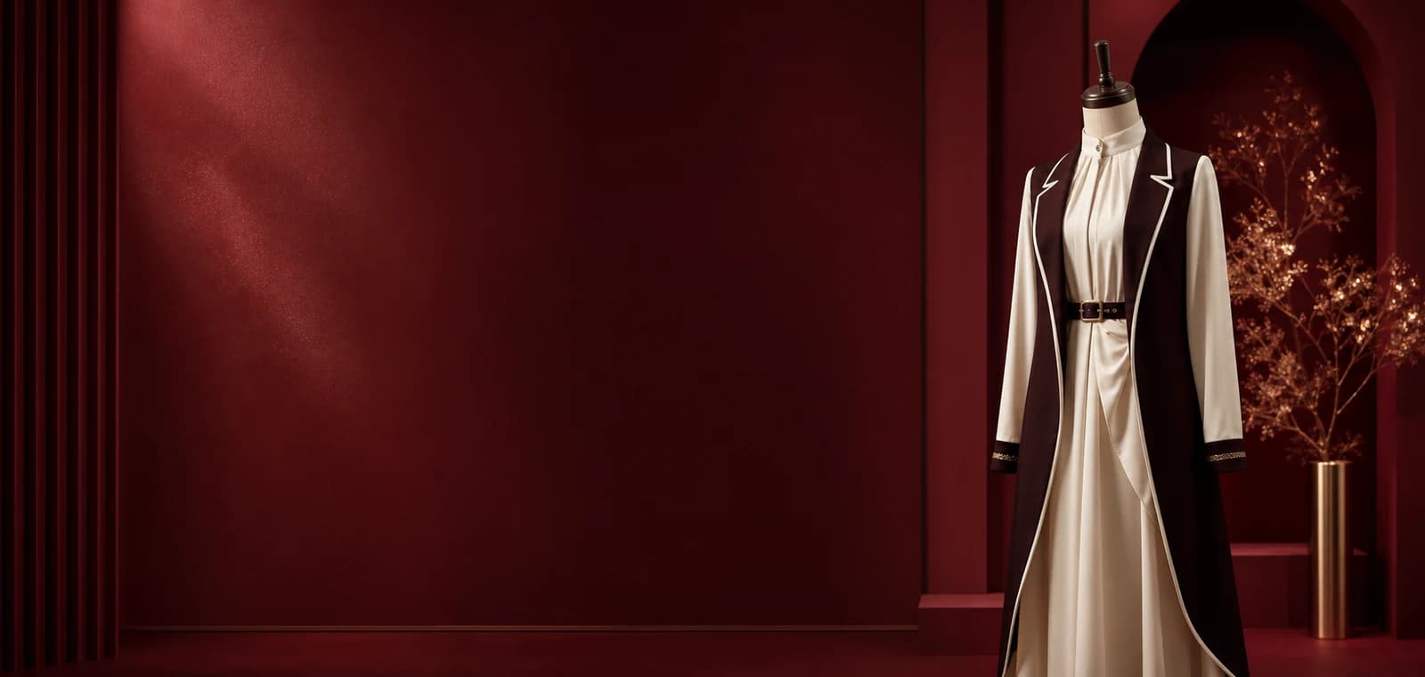 Cream and oxblood occasionwear in a burgundy atelier