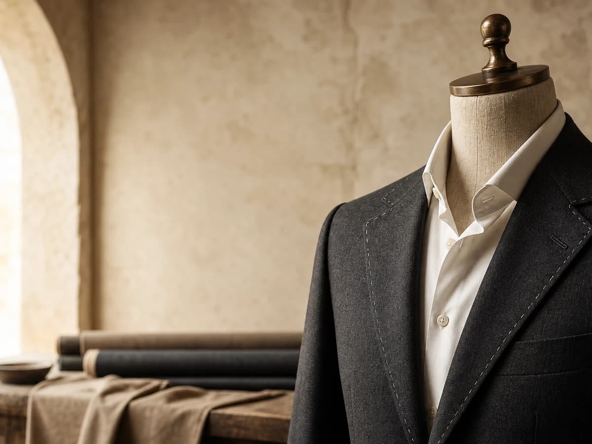 Charcoal tailored jacket in a warm atelier